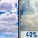 Wednesday: A chance of showers between 1pm and 4pm, then a chance of showers and thunderstorms after 4pm.  Mostly cloudy, with a high near 94. Heat index values as high as 100. South wind 15 to 20 mph, with gusts as high as 35 mph.  Chance of precipitation is 40%.